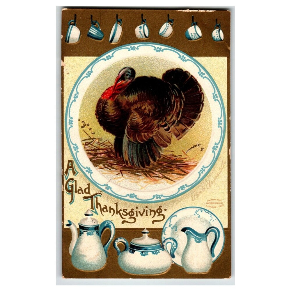 Ellen H. Clapsaddle A Glad Thanksgiving Turkey Dinnerware Embossed Postcard 1908